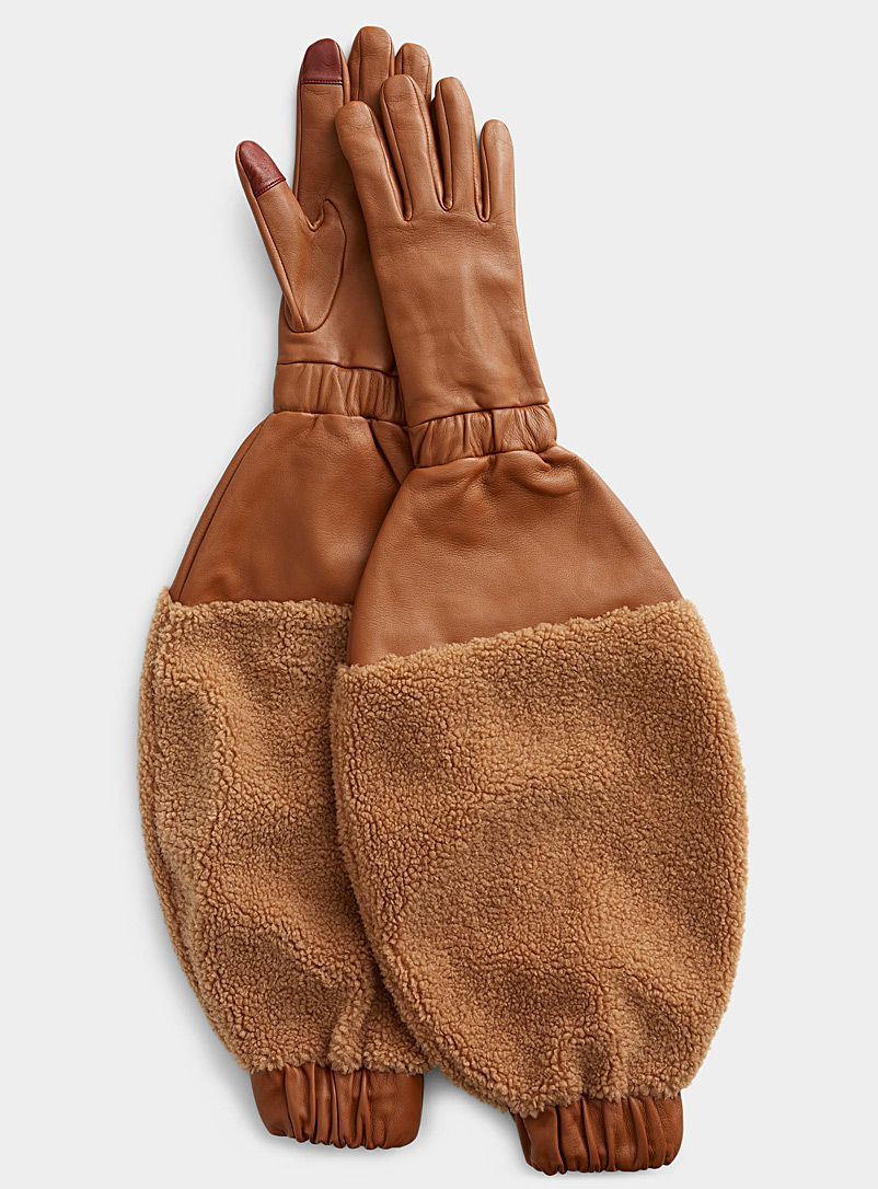 Aristide Fawn Leather and sherpa long bubble gloves for women