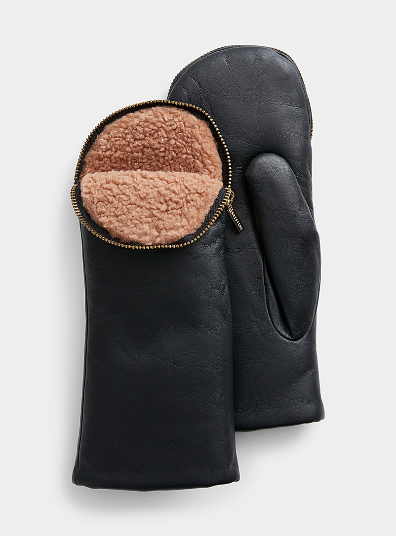 Aristide Black Contrasting zippered opening leather mittens for women