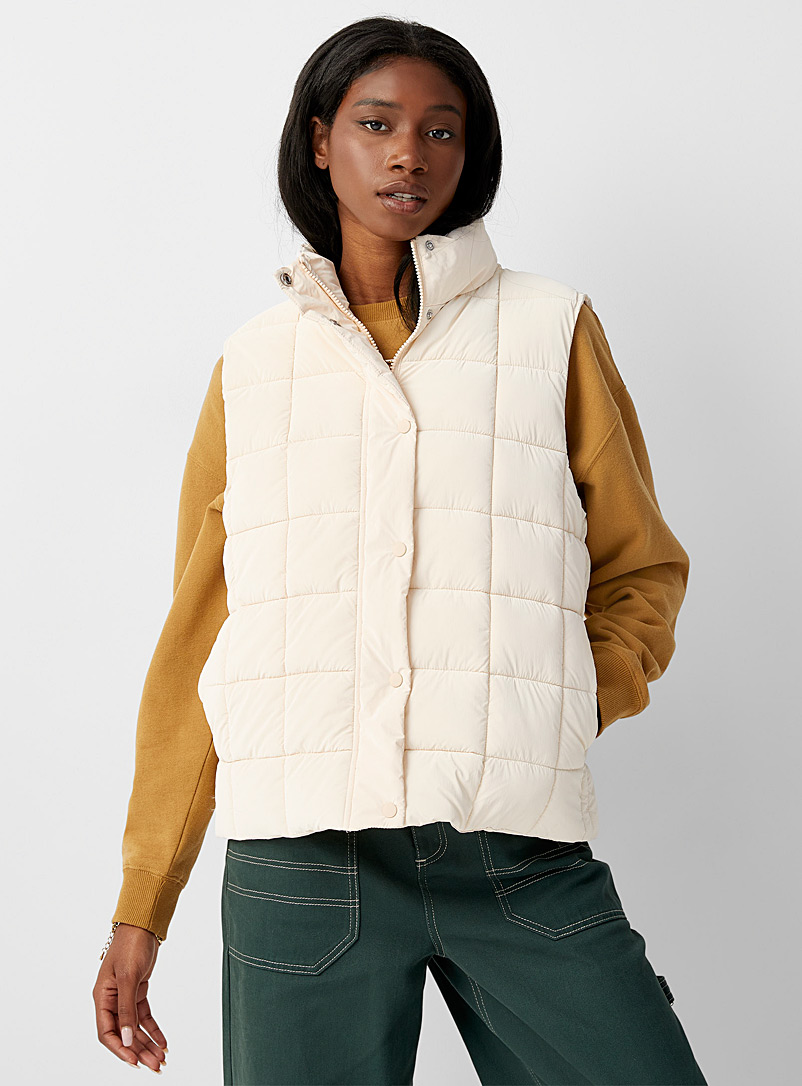 Twik Cream Beige Square pattern puffer vest for women