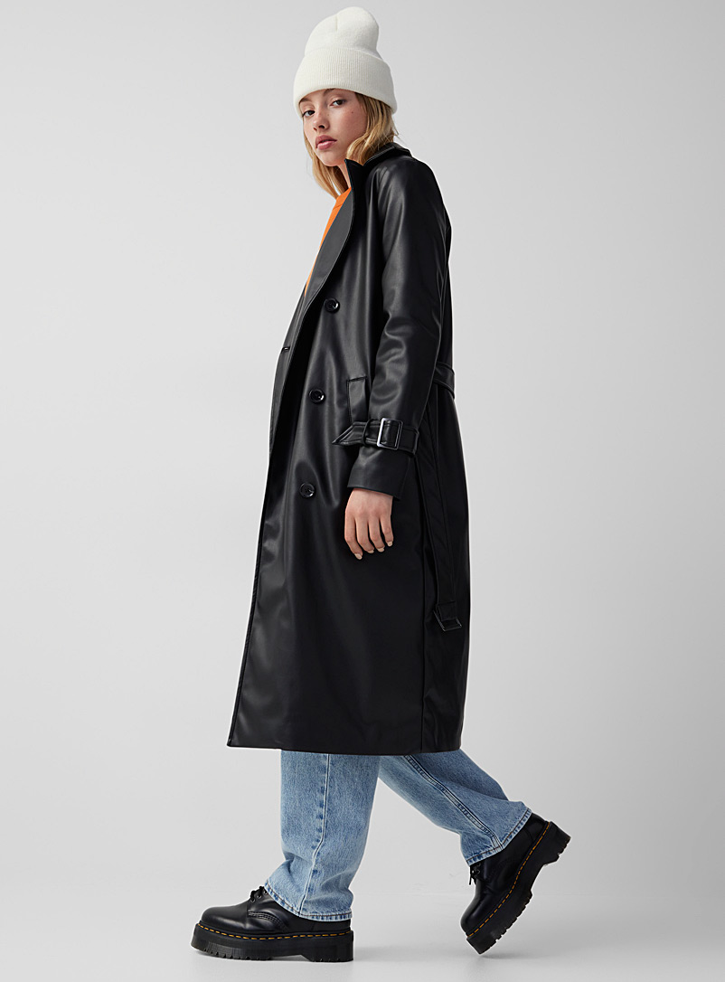Twik Black Belted faux-leather trench coat for women