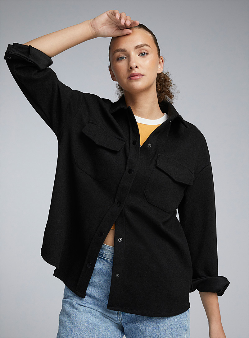 Twik Black Front-pocket polar fleece overshirt for women
