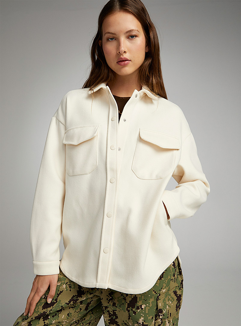 Twik Ecru/Linen Front-pocket polar fleece overshirt for women
