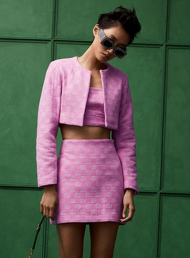 Icône Pink Cropped checkered tweed blazer for women