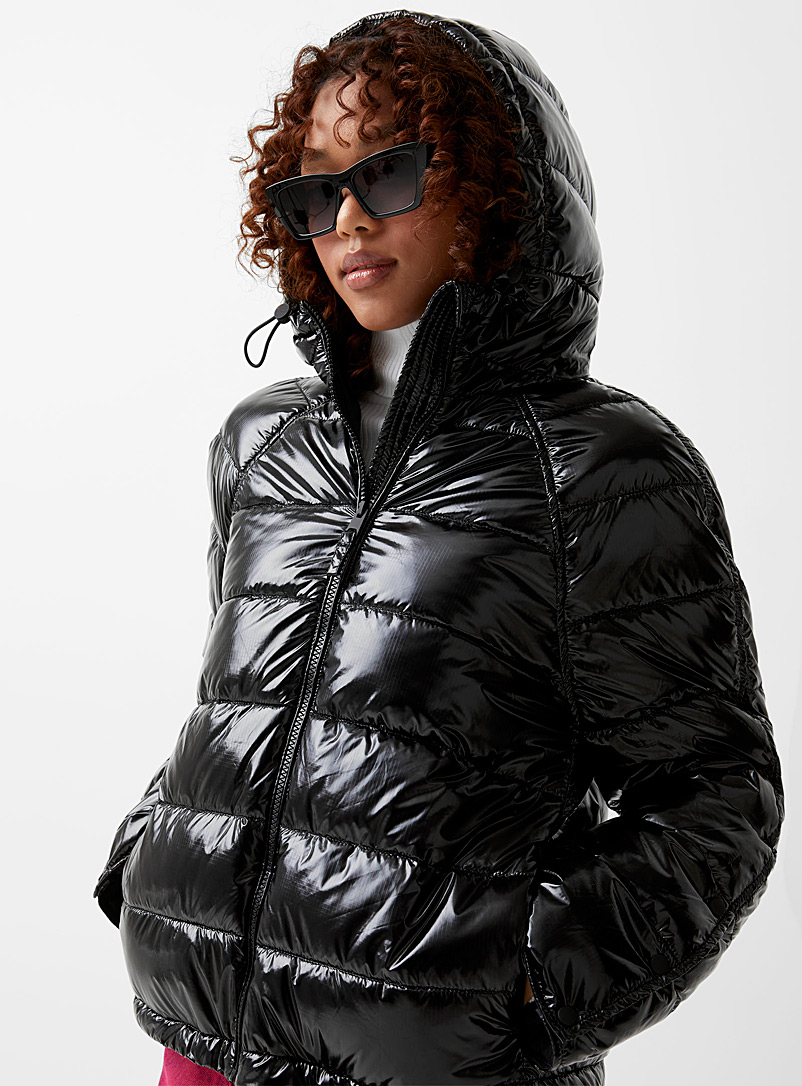 Twik Black Lightweight glossy puffer jacket for women