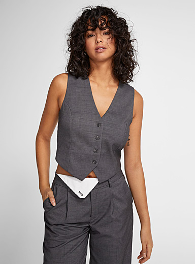 Icône Light Grey Cropped four-button twill vest for women