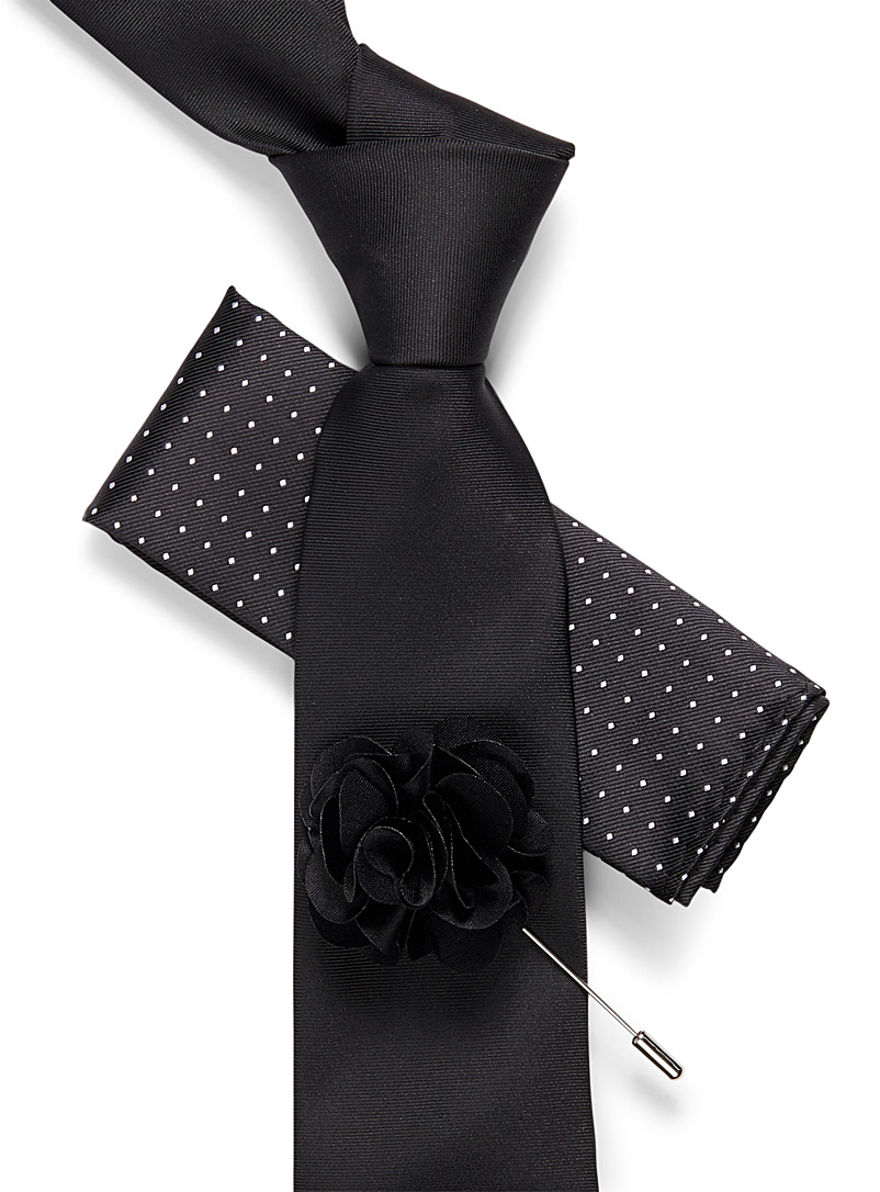 Le 31 Black Tie, pocket square, and flower lapel pin set for men