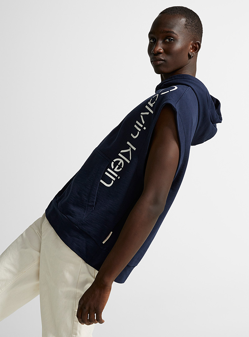 Calvin Klein Dark Blue Contrast-logo sleeveless hoodie for men