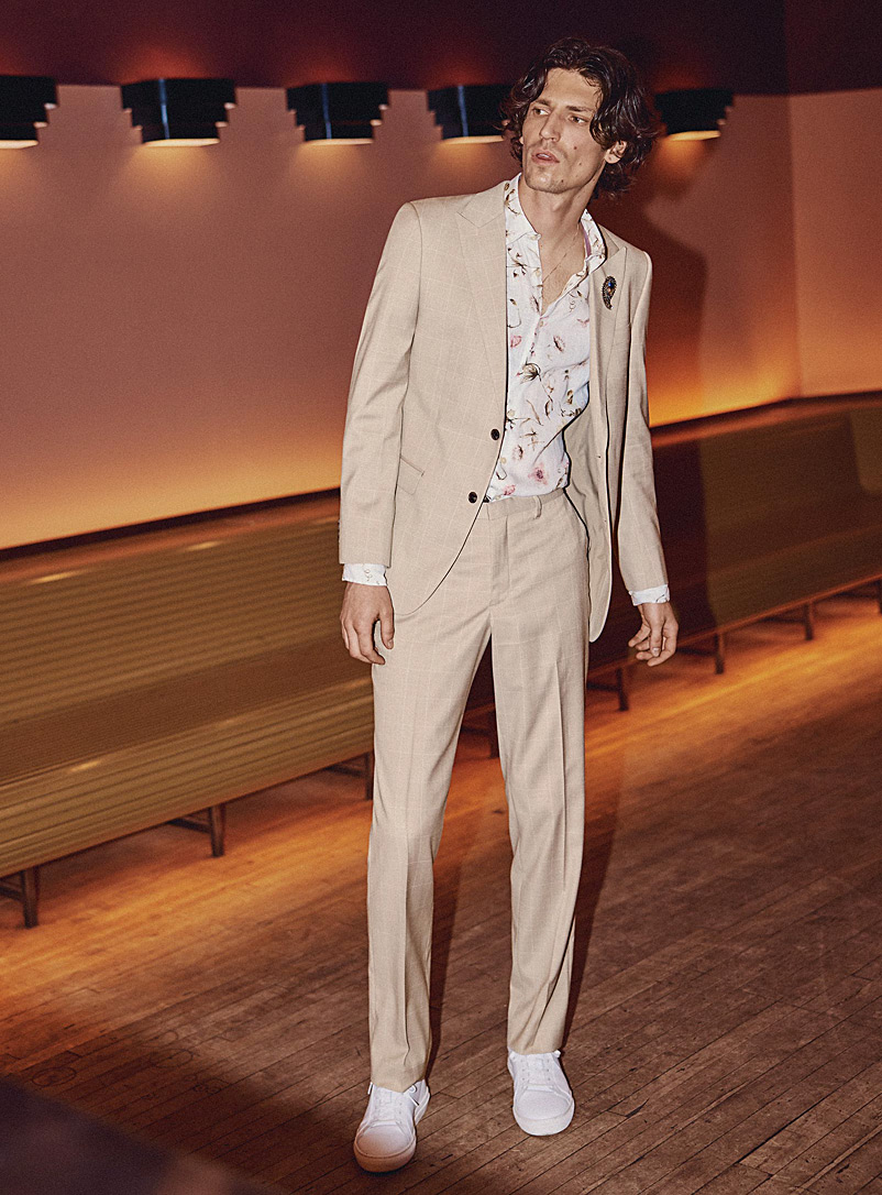 Le 31 Cream Beige Windowpane check sand suit London fit - Semi-slim for men