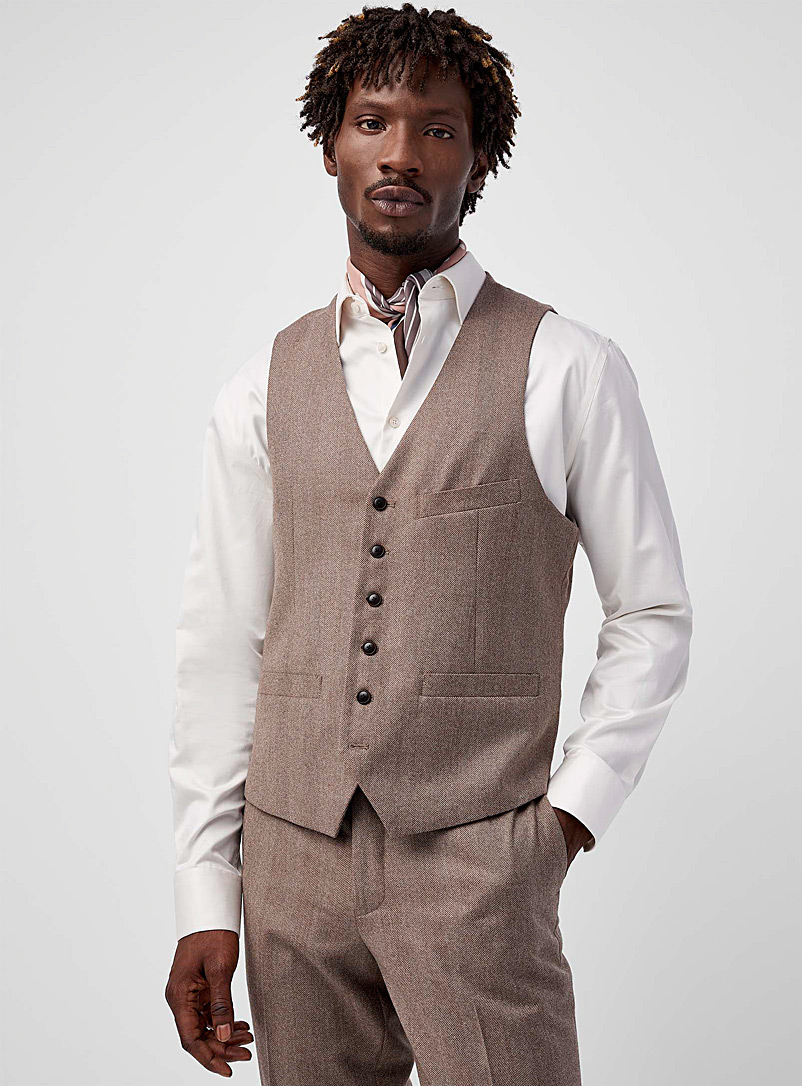 Le 31 Light Brown Coffee-coloured herringbone flannel vest for men