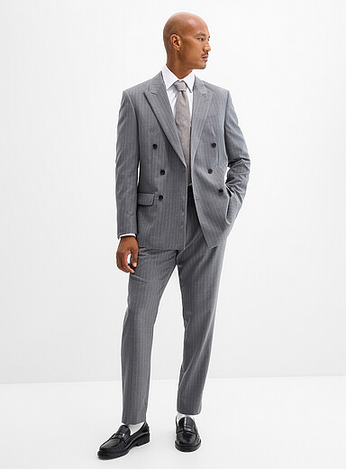 Double-breasted cement-grey suit Virgin wool fabric by Marlane <b>Reykjavik cut - Semi-fitted</b>