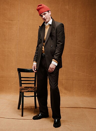 Le 31 Brown Dark brown banker-stripe suit jacket Virgin wool fabric by Marlane <b>Edinburgh Fit - Relaxed</b> for men