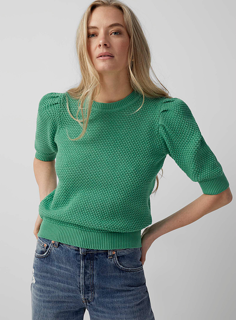 Contemporaine Kelly Green Puff-sleeve textured sweater for women