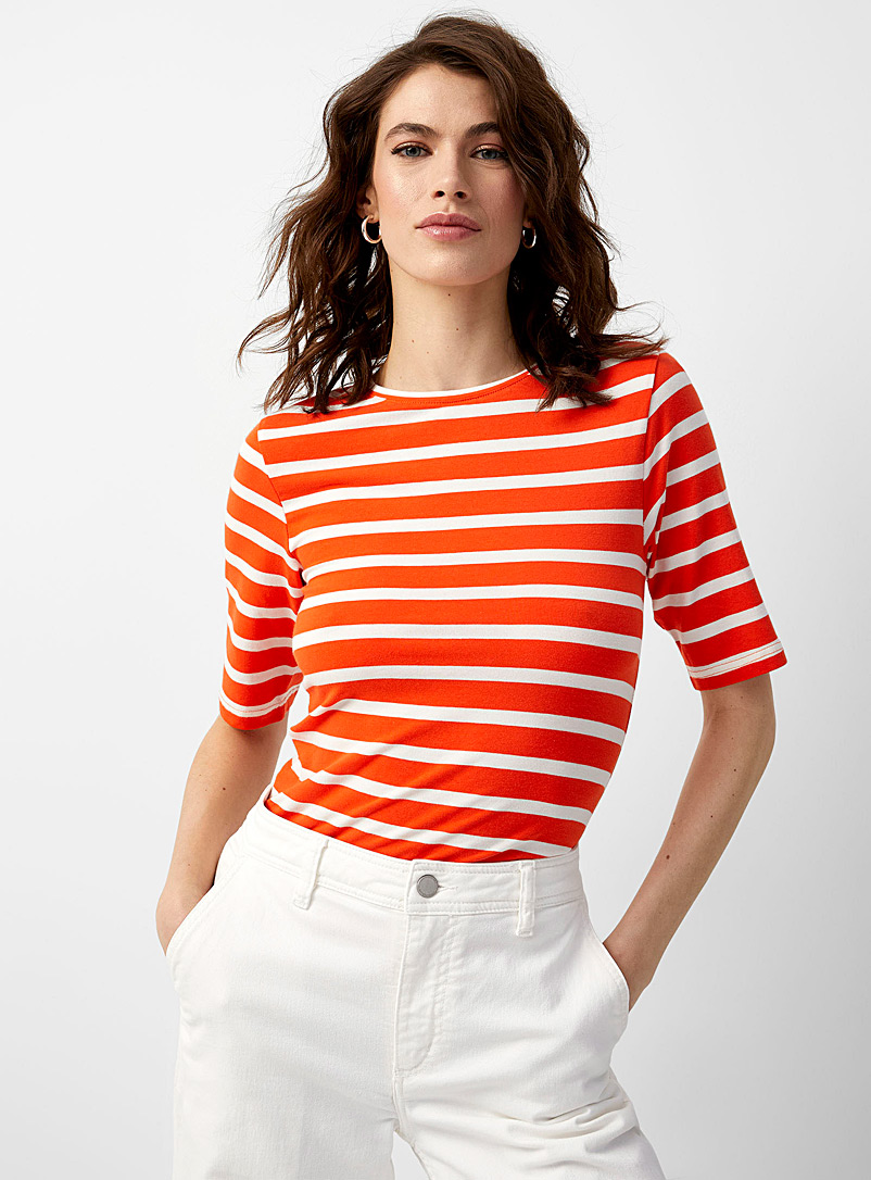 Contemporaine Patterned Orange Striped elbow-sleeve tee for women