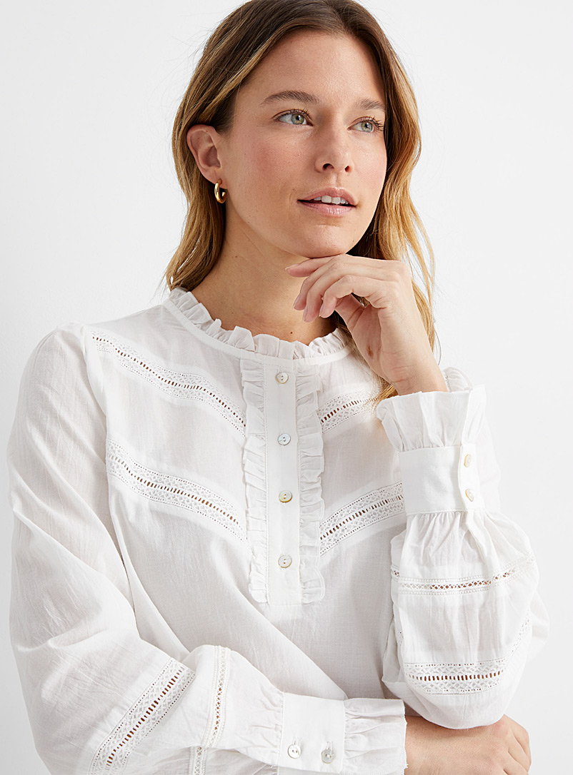Contemporaine Ivory White Openwork strips ruffled blouse for women