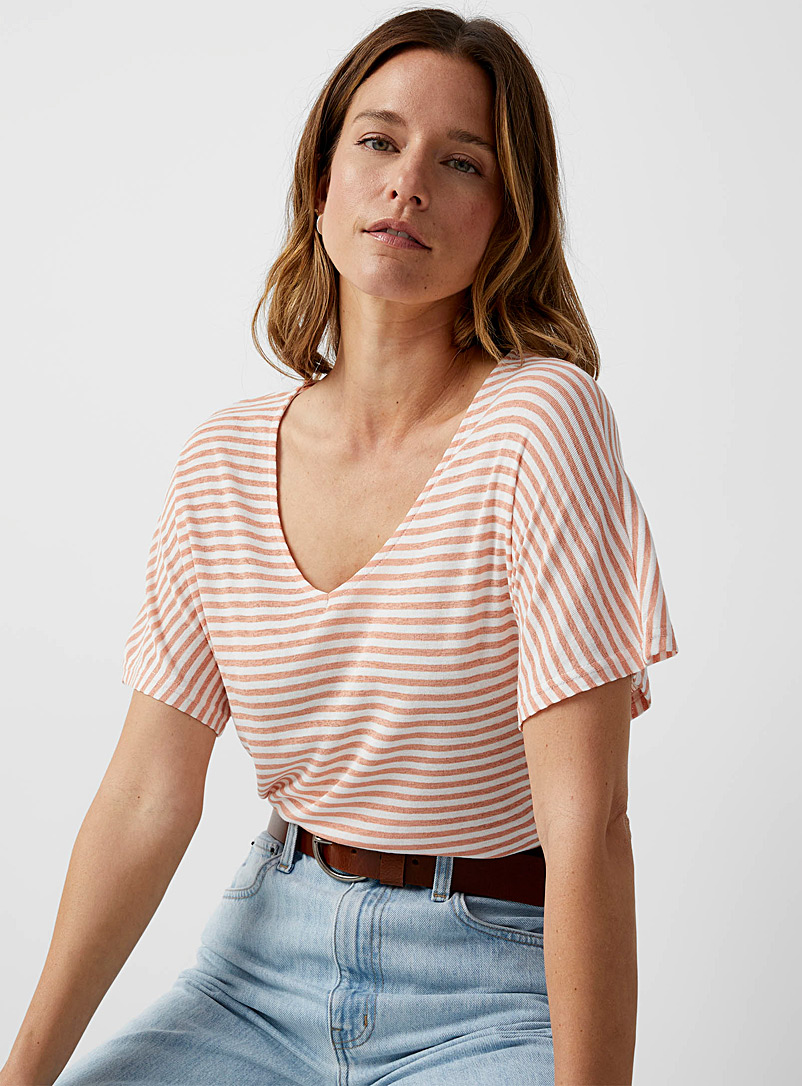 Contemporaine Ivory White Two-tone stripes flowy T-shirt for women