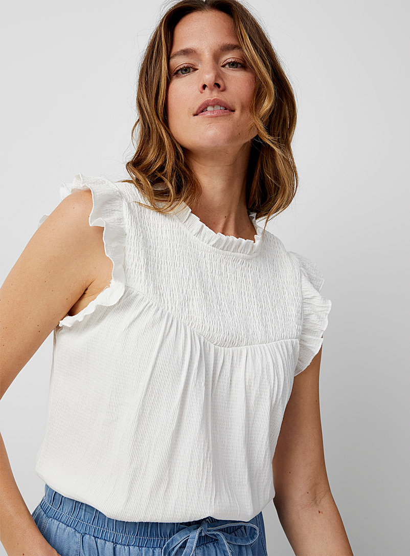 Contemporaine Ivory White Smocked yoke blouse for women