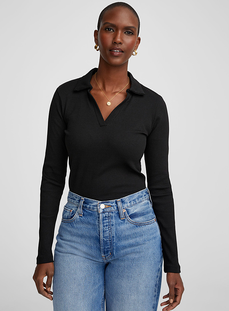 Contemporaine Black Johnny collar ribbed jersey top for women