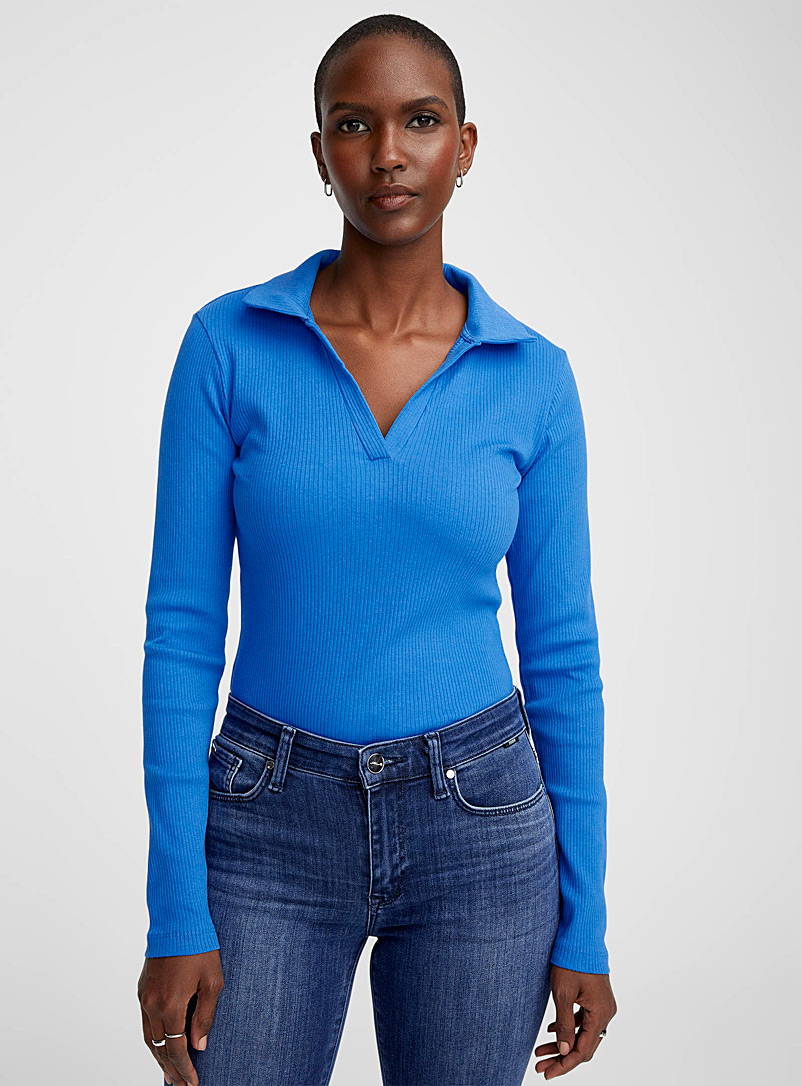Contemporaine Blue Johnny collar ribbed jersey top for women