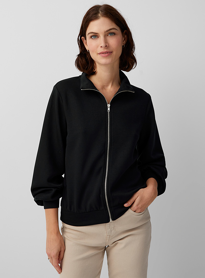 Contemporaine Black Puff-sleeve zippered cardigan for women
