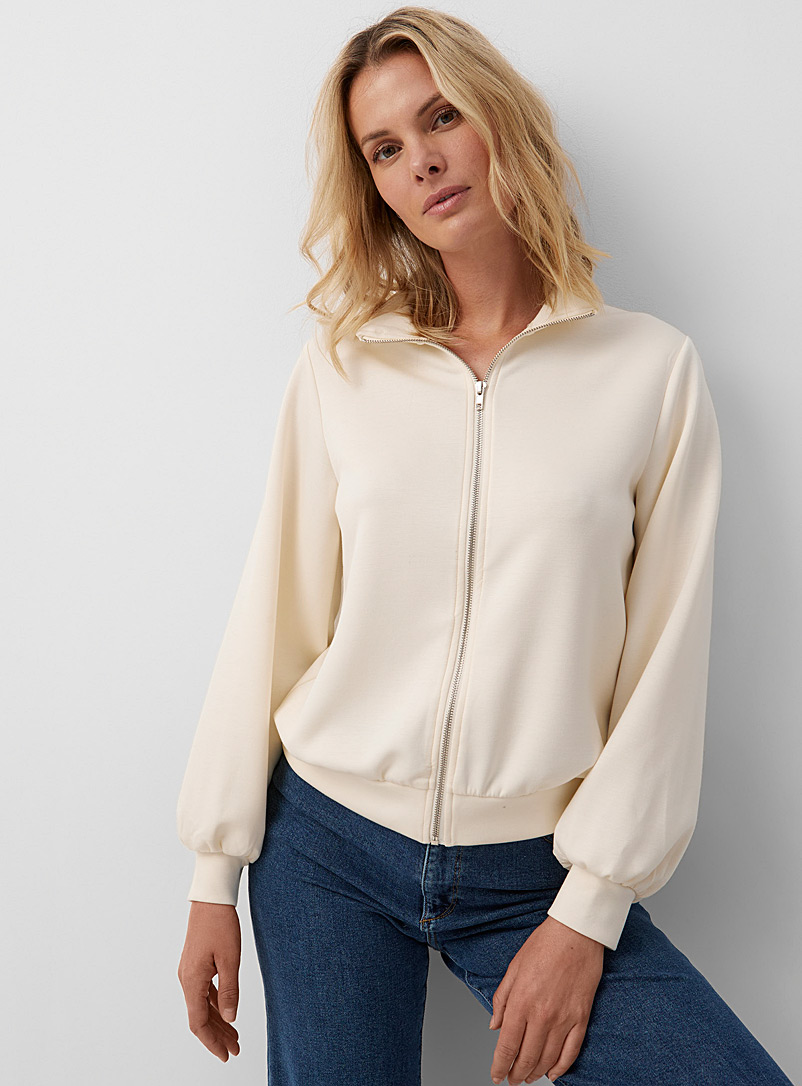 Contemporaine White Puff-sleeve zippered cardigan for women
