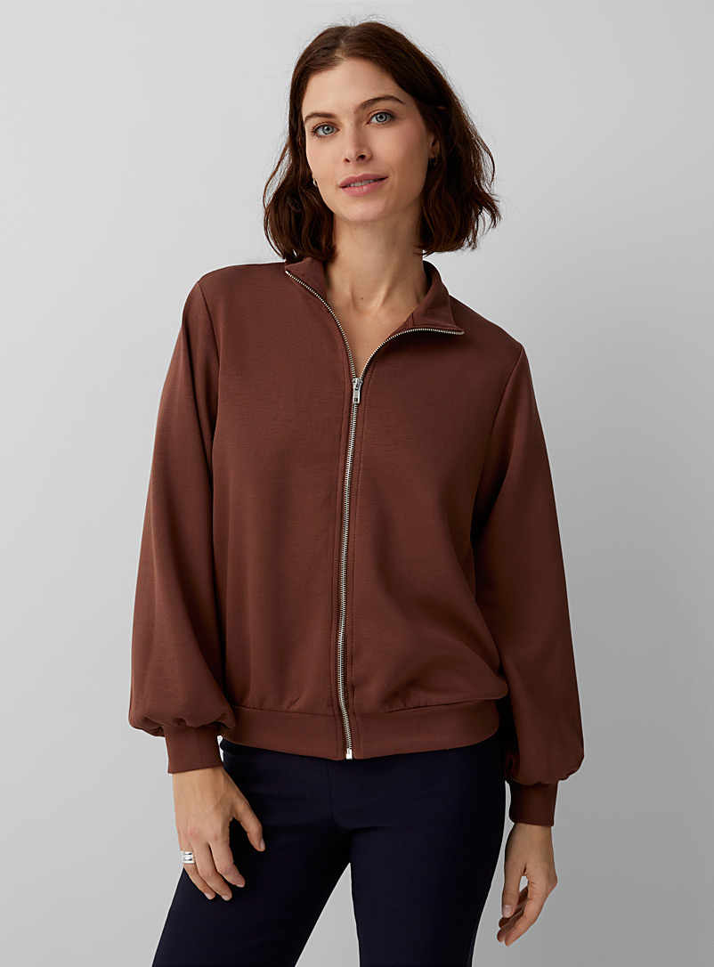 Contemporaine Medium Brown Puff-sleeve zippered cardigan for women