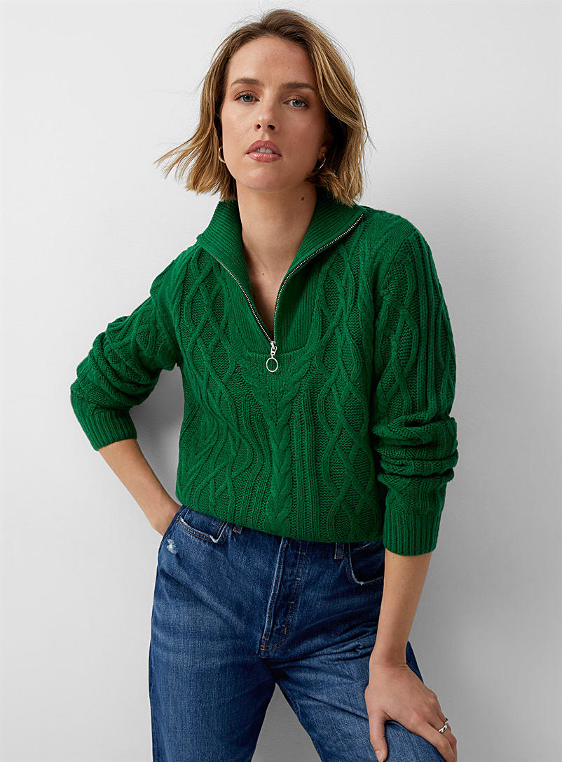 Contemporaine Green Zip collar cable-knit sweater for women