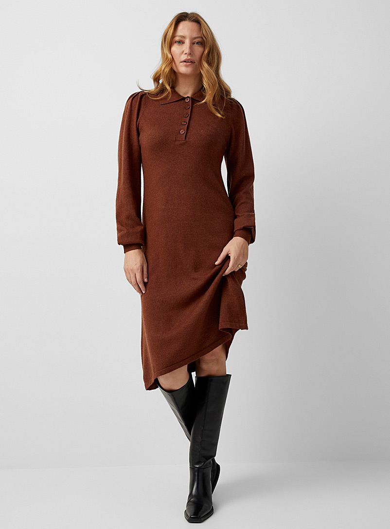 Contemporaine Dark Brown Cinnamon knit polo collar dress for women