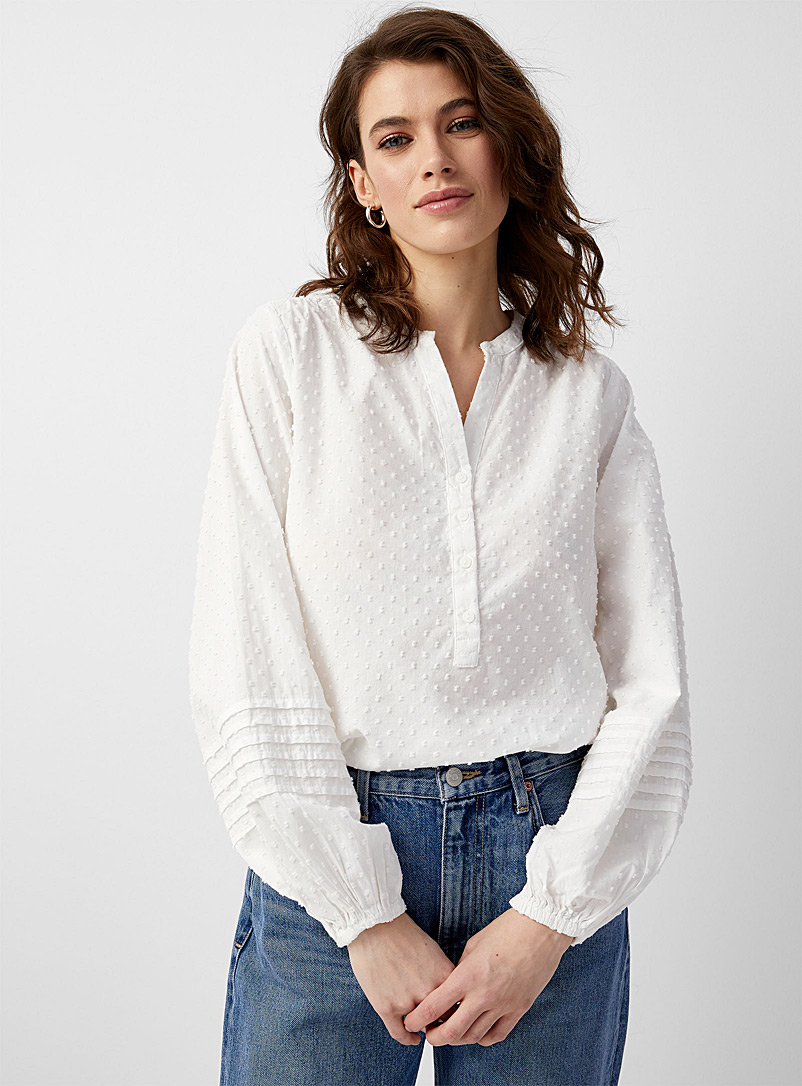Contemporaine Ivory White Puff-sleeve swissdot blouse for women