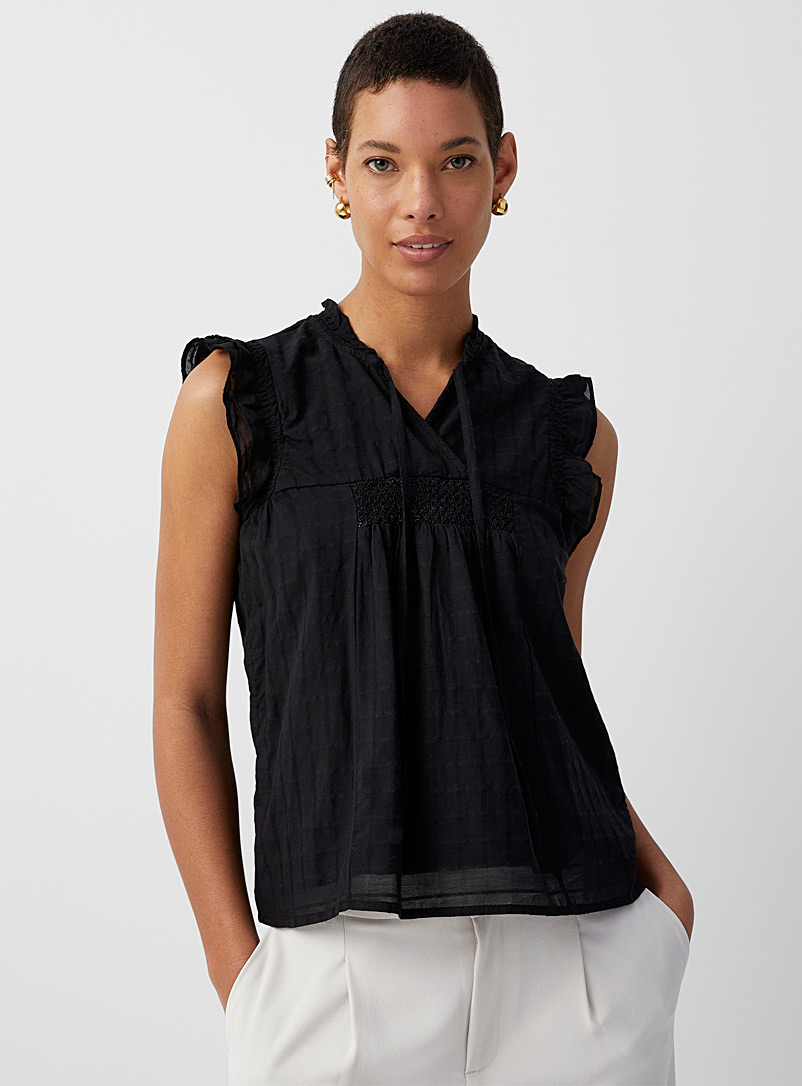 Contemporaine Black Ruffled checkered voile blouse for women
