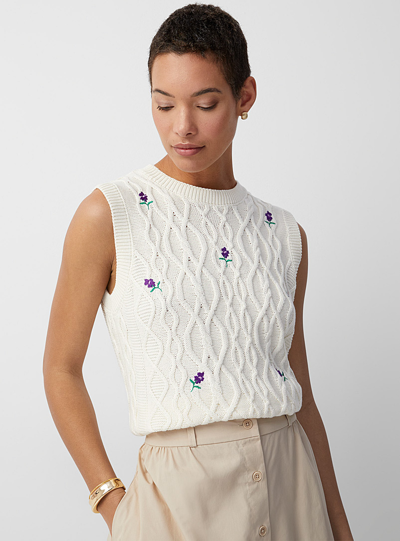 Contemporaine Cream Beige Embroidered violets sweater vest for women