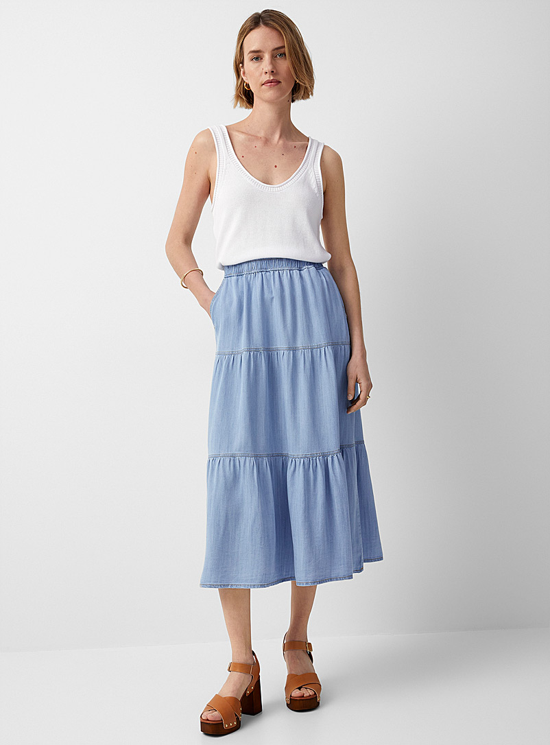 B.young Baby Blue Lyocell denim tiered skirt for women
