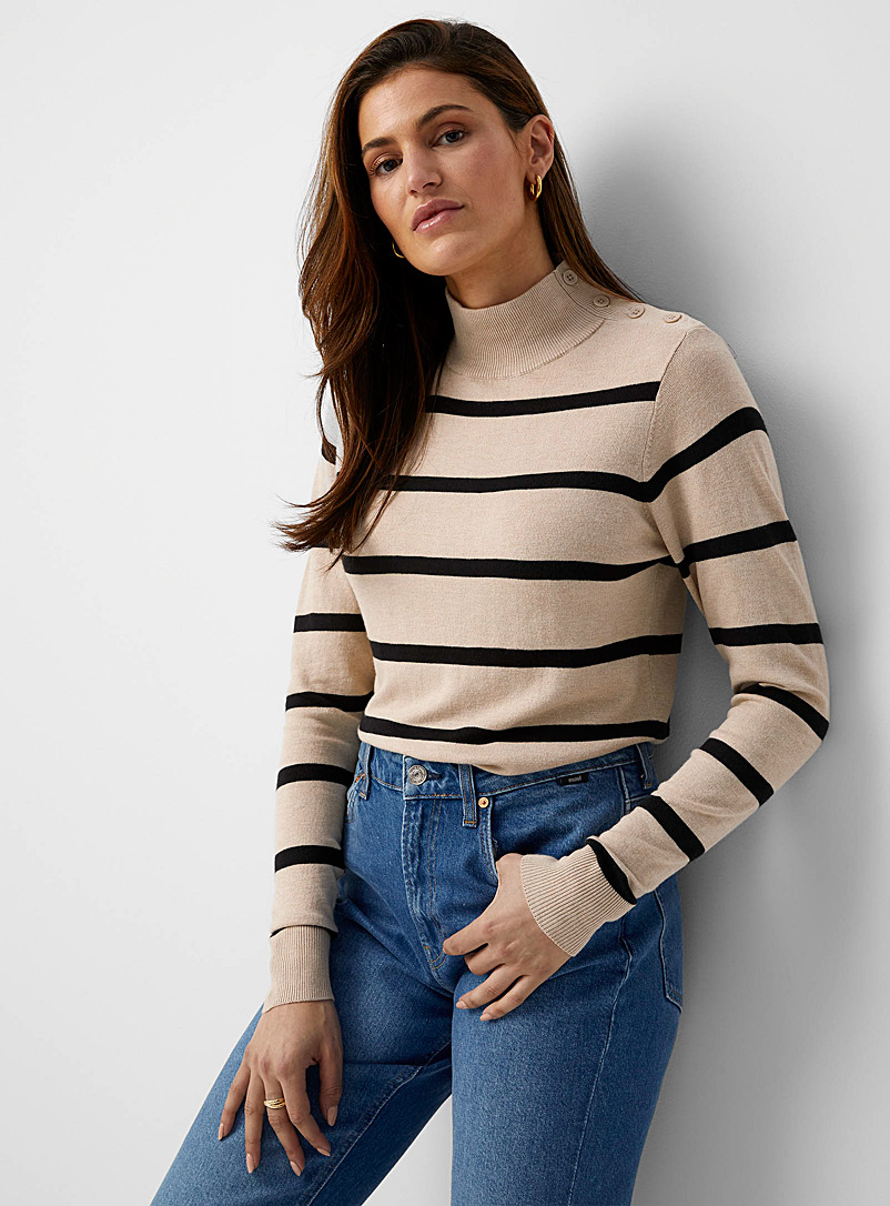 B.young Patterned beige Buttoned mock-neck striped sweater for women