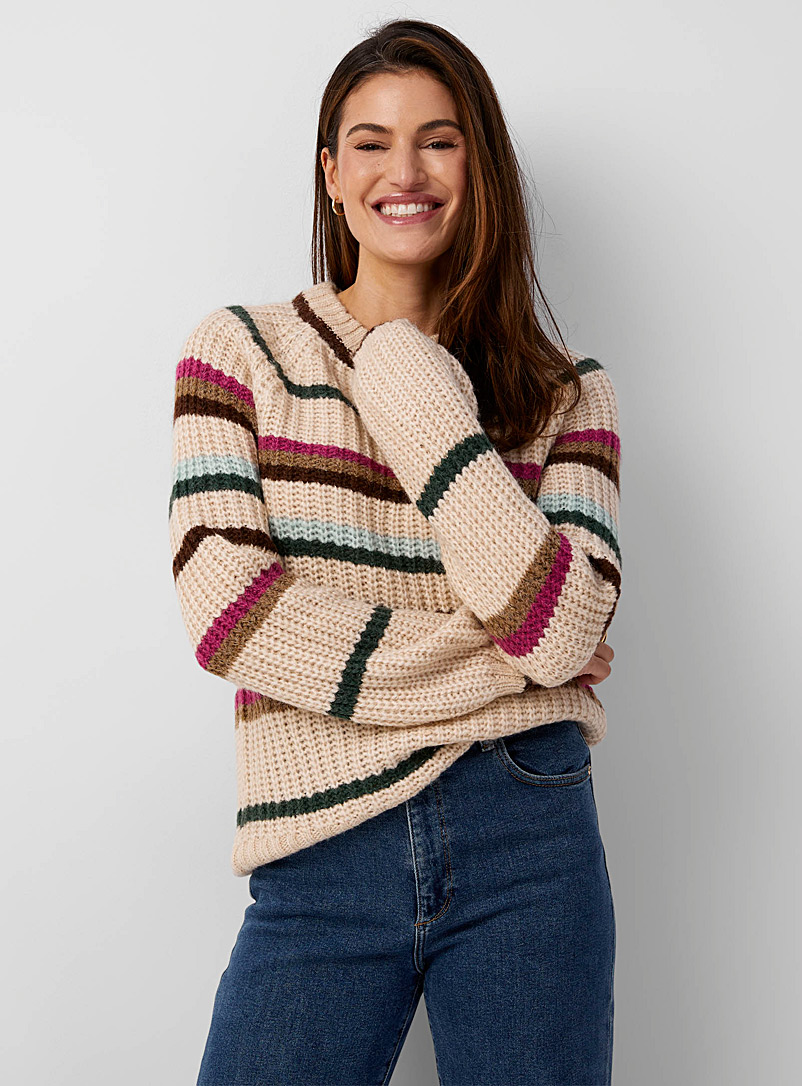B.young Patterned beige Colourful stripes raglan sweater for women