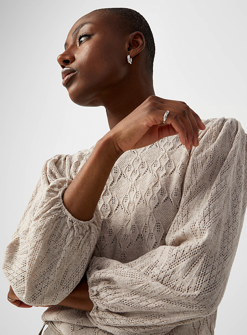 B.young Cream Beige Puff-sleeve openwork sweater for women