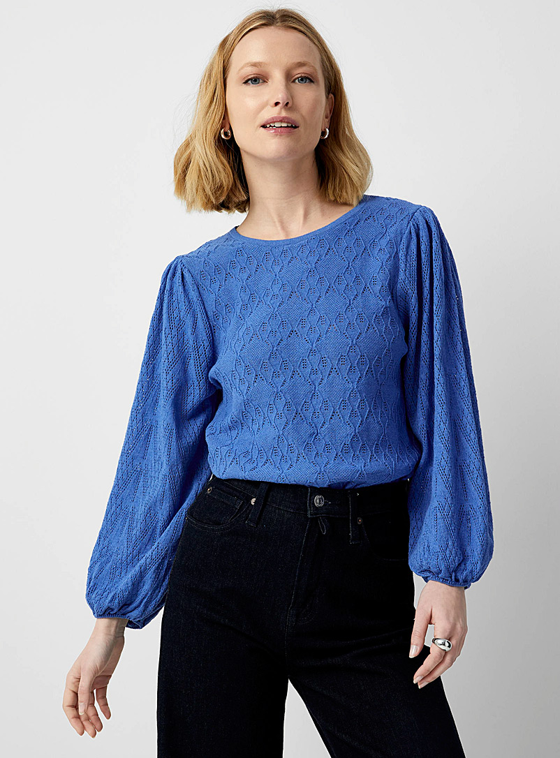 B.young Blue Puff-sleeve openwork sweater for women