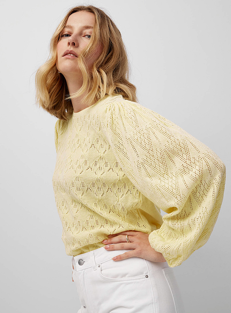 B.young Medium Yellow Puff-sleeve openwork sweater for women