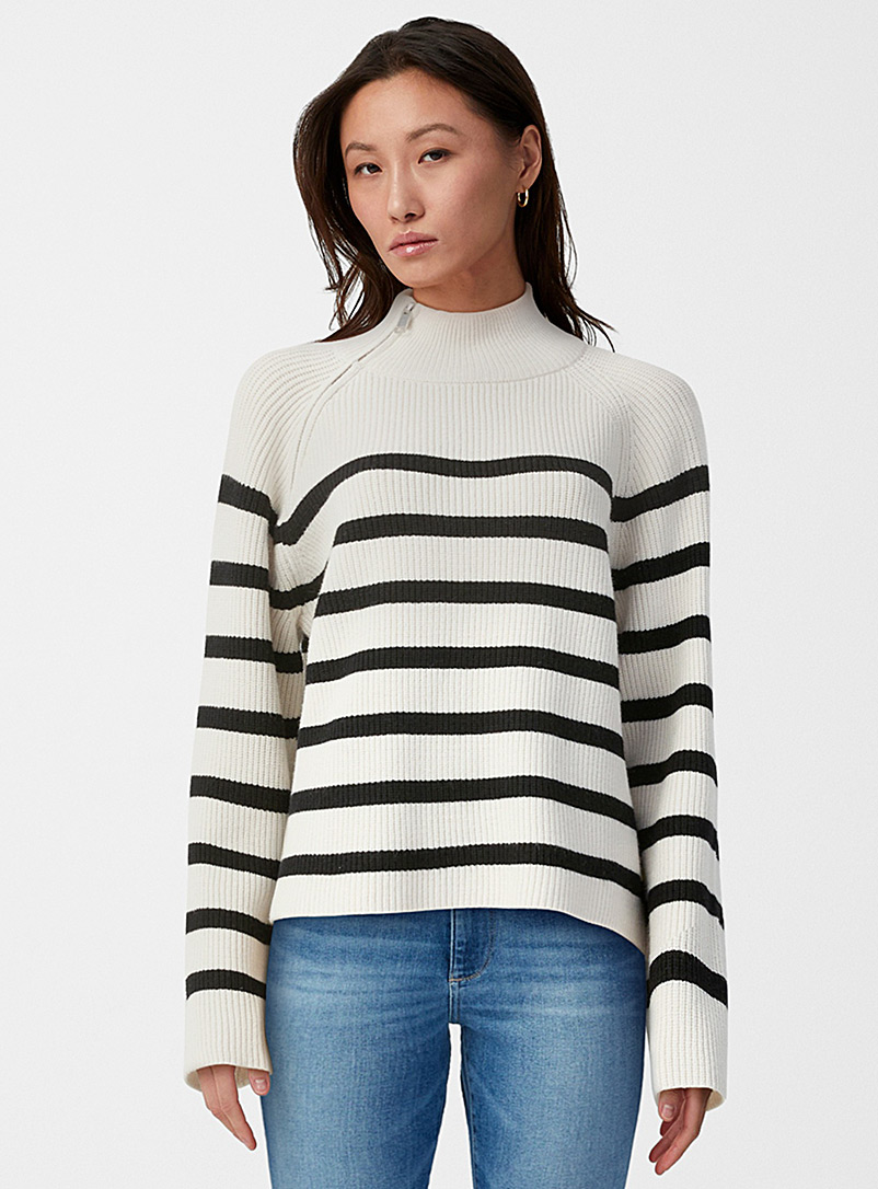 B.young Ivory White Ribbed and striped mock-neck sweater for women