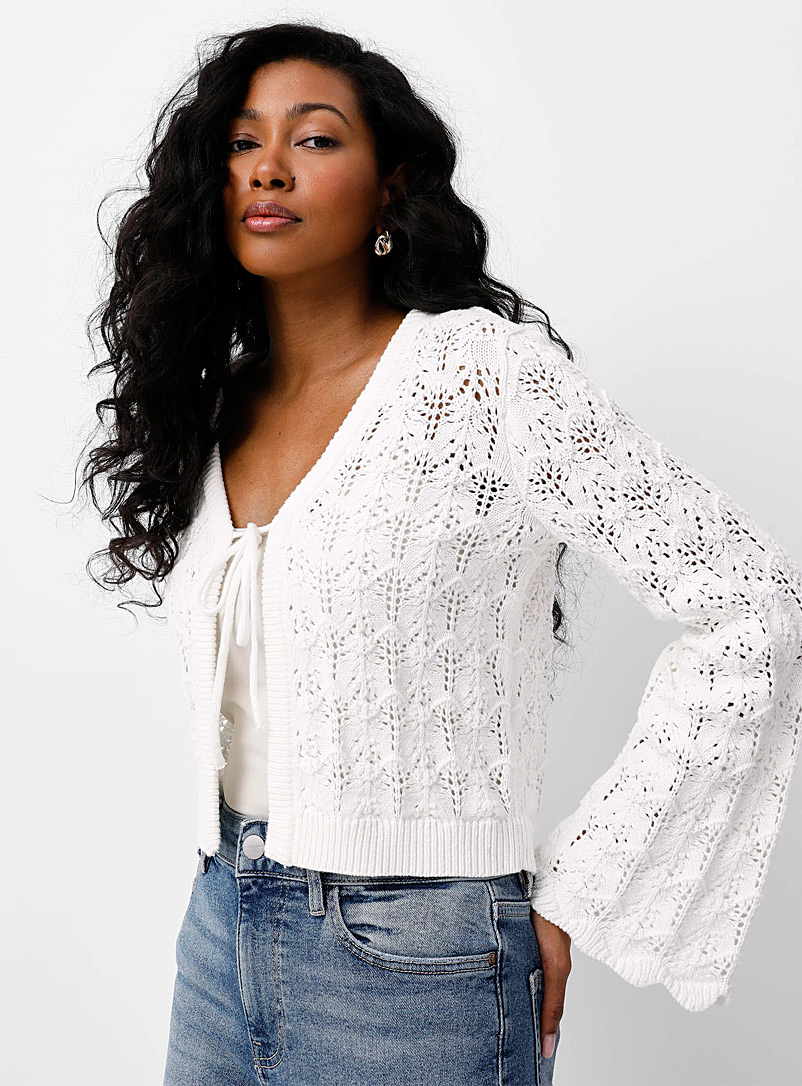 B.young Off White Openwork pattern ivory tie cardigan for women