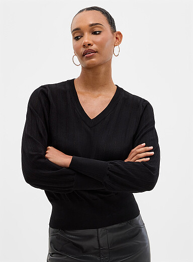 Pointelle knit V-neck sweater