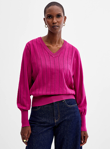 B.young: Le chandail col V tricot pointelle Fuchsia pour femme
