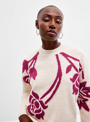 Relaxed fuzzy floral jacquard sweater