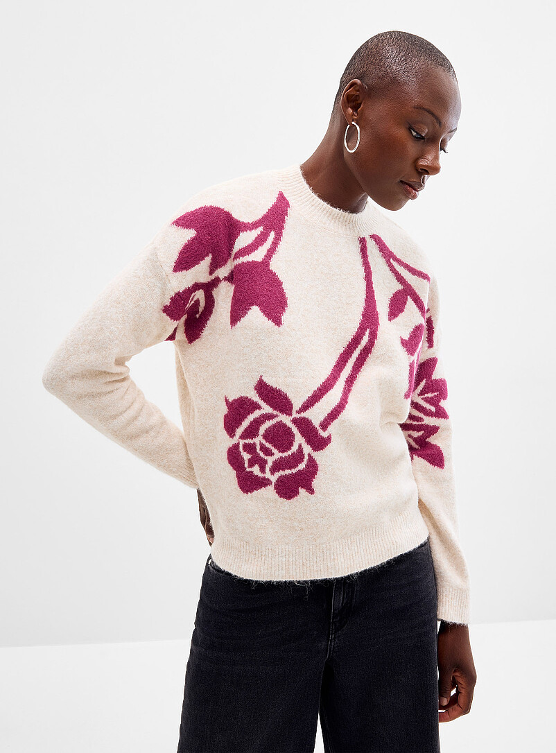トップス Pink Horseshoe Floral Sleeve Pullover Relaxed fuzzy floral jacquard sweater | B.young | Shop Women's