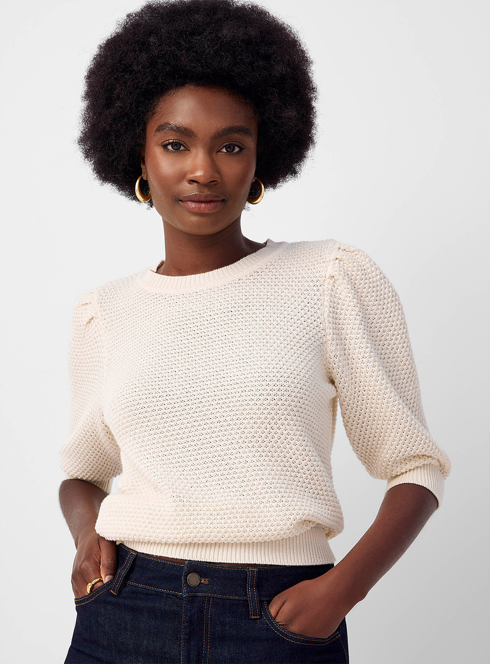 B.young Puff-sleeve Textured Sweater In Sand