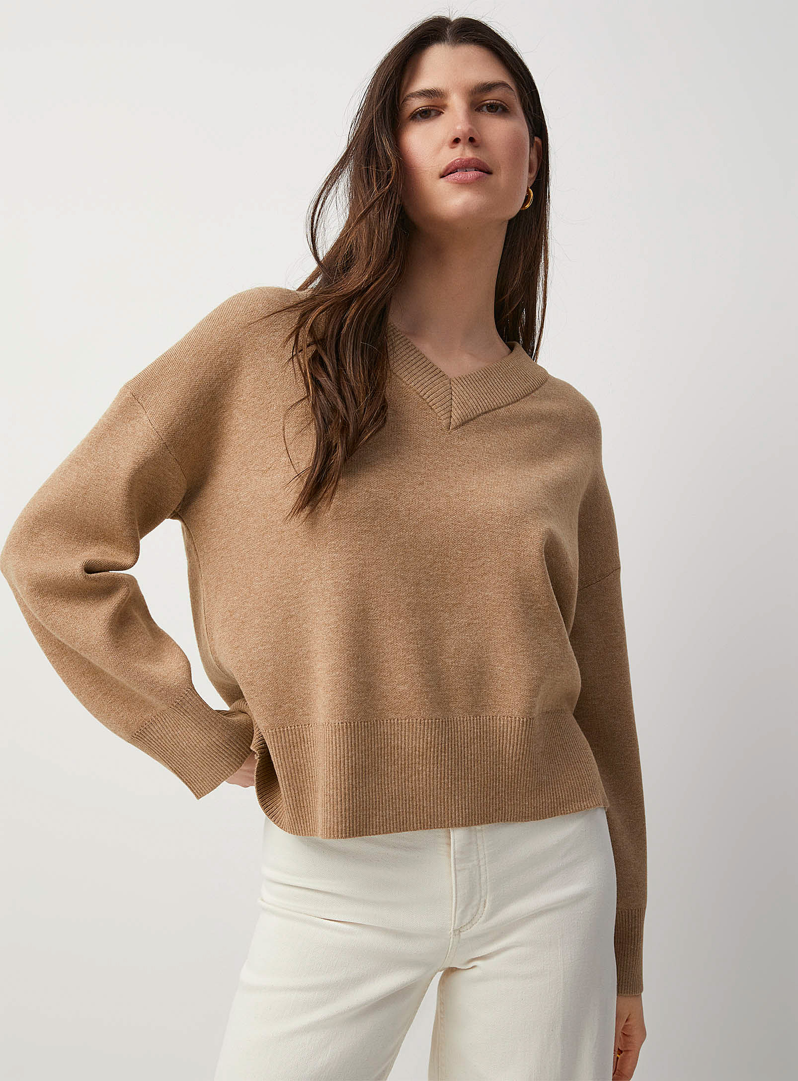 B.young Loose V-neck Sweater In Fawn