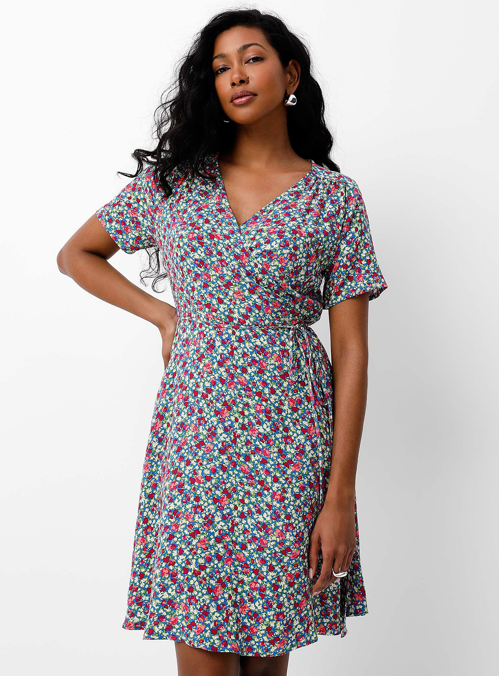 B.young Fascinating Flowers Flowy Wraparound Dress In Patterned Blue
