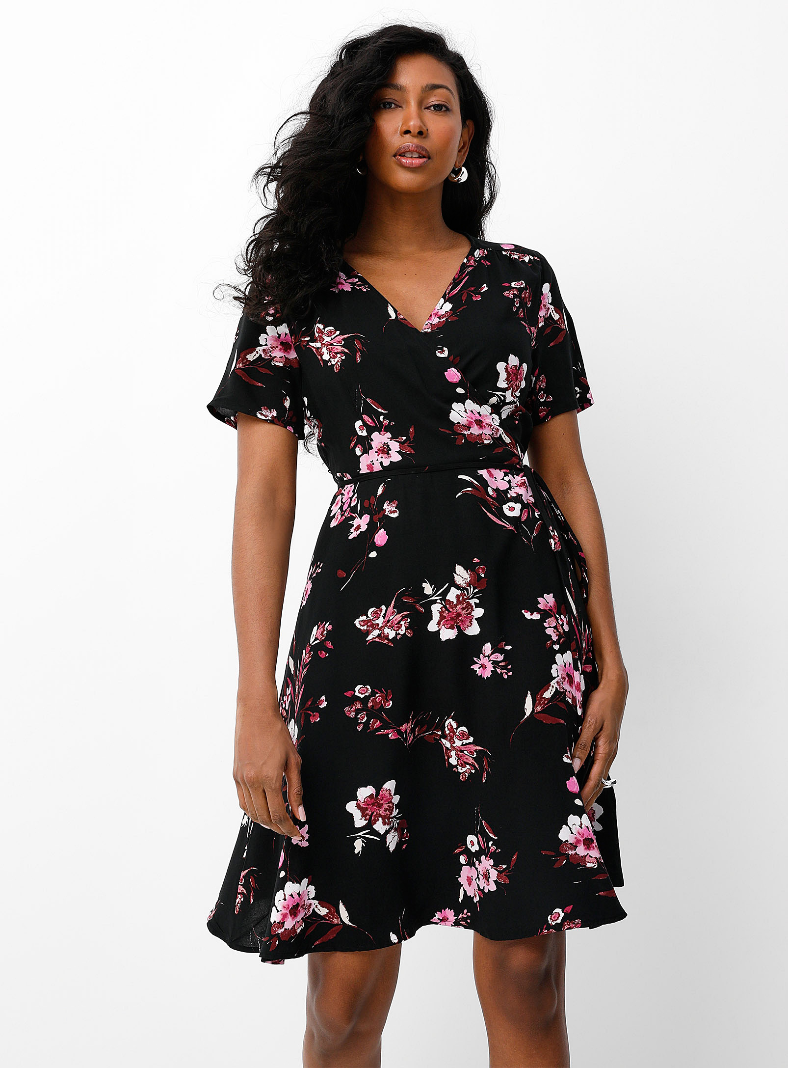 B.young Fascinating Flowers Flowy Wraparound Dress In Patterned Black