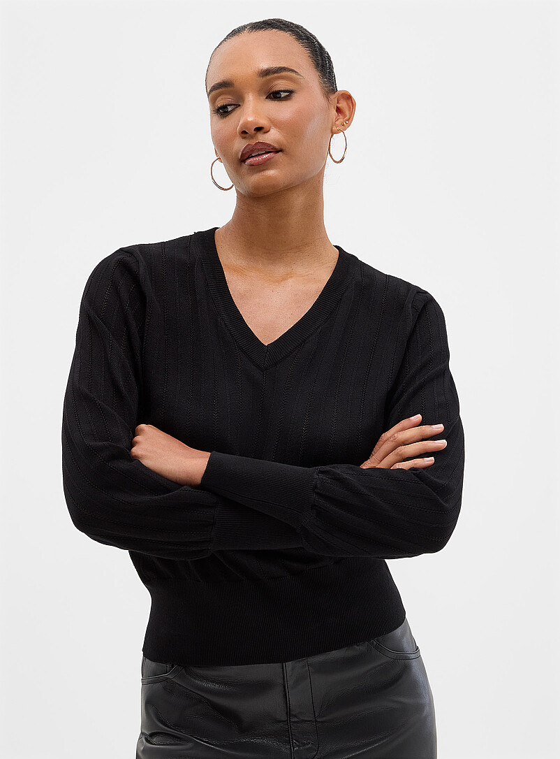 Pointelle knit V-neck sweater product image (primary)