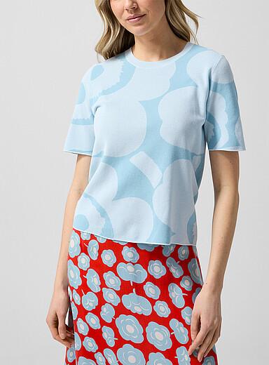 Marimekko: Le chandail tricot jacquard Oletus Unikko Bleu &agrave; motifs pour femme