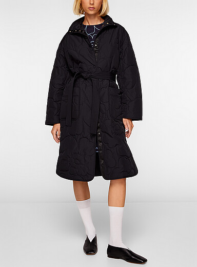 Marimekko Black Kolppi Piirto Unikko belted quilted parka for women