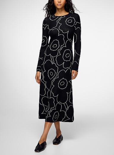 Marimekko black floral Takaisin Piirto Unikko wool dress for women